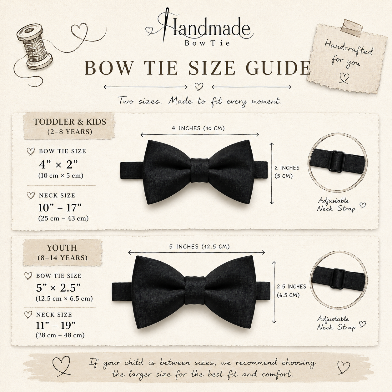 Boys bow tie size guide — Toddler & Kids (2–8Y) and Youth (8–14Y)