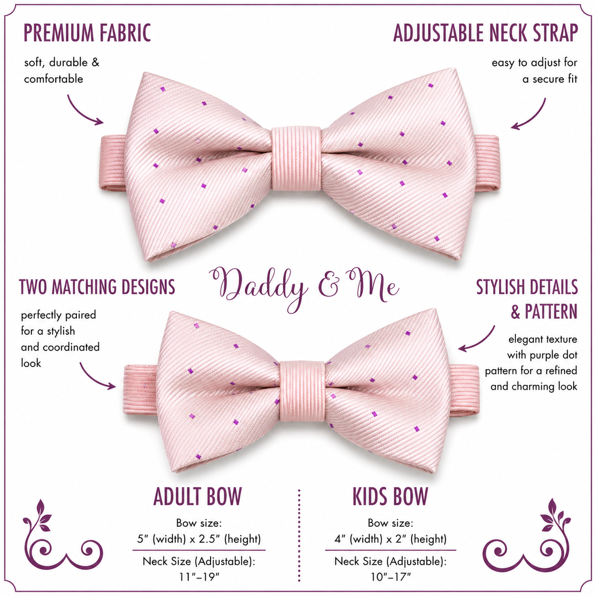 Soft Pink and Lavender Polka Dots daddy and me bow ties — adult and kids sizes