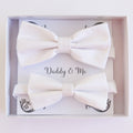 White daddy and me bow tie set in gift box — matching adult and kids handmade pre-tied bow ties