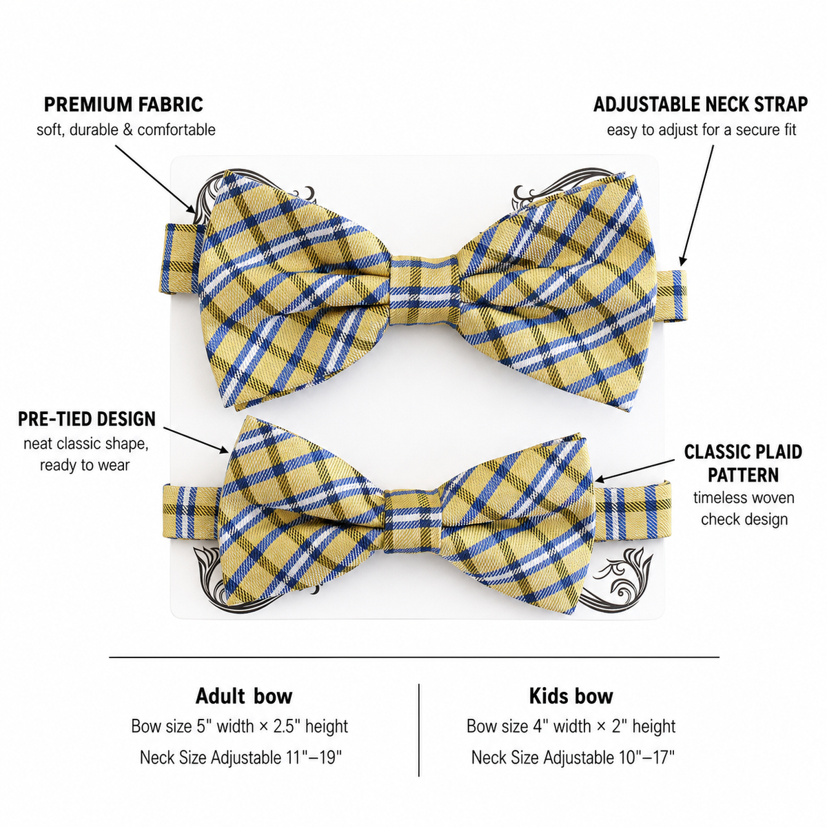 Yellow Navy Plaid daddy and me bow ties — adult and kids sizes