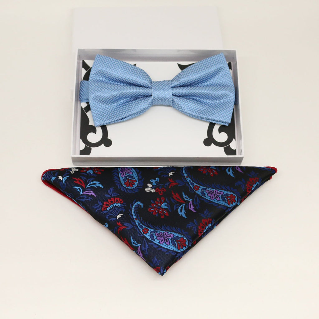 Dusty blue bow tie & paisley Pocket Square, Best man Groomsman Man of honor ring breaer bow tie, birthday gift, Congrats grad, handkerchief