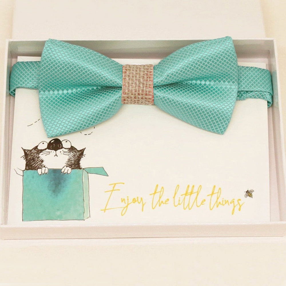 Aqua burlap bow tie Best man Groomsman Man of honor ring bearer request gift, Kids adult bow, Adjustable Pre tied Handmade, Aqua blue bow