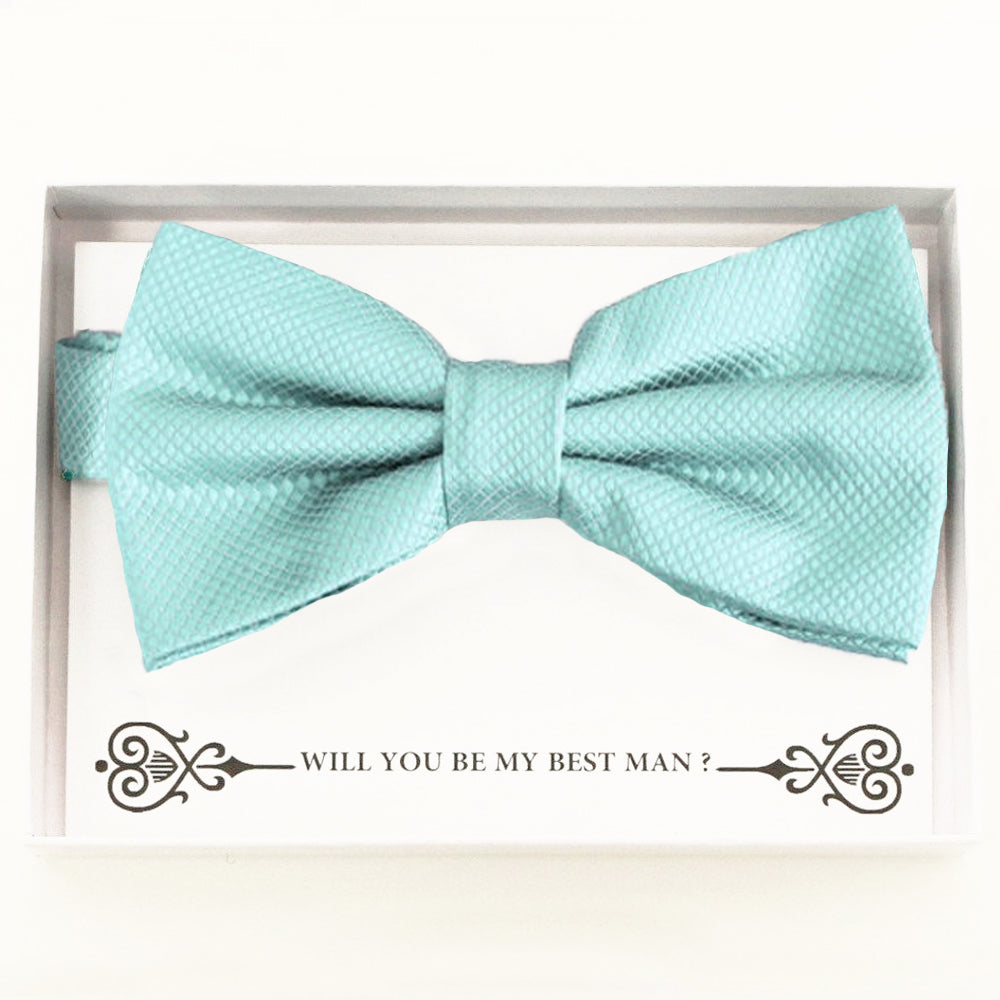Aqua bow tie Best man Groomsman Man of honor Ring Bearer bow tie request gift, Kids bow Birthday congrats cards, Adjustable Pre tied 