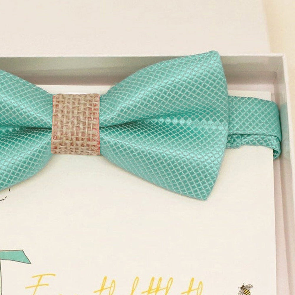 Aqua burlap bow tie Best man Groomsman Man of honor ring bearer request gift, Kids adult bow, Adjustable Pre tied Handmade, Aqua blue bow