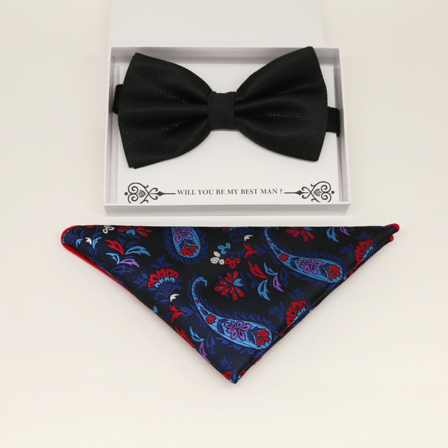 Black bow tie and paisley Pocket Square, Best man, Groomsman bow, Man of honor, ring bearer bow, birthday gift, Congrats grad, handkerchief