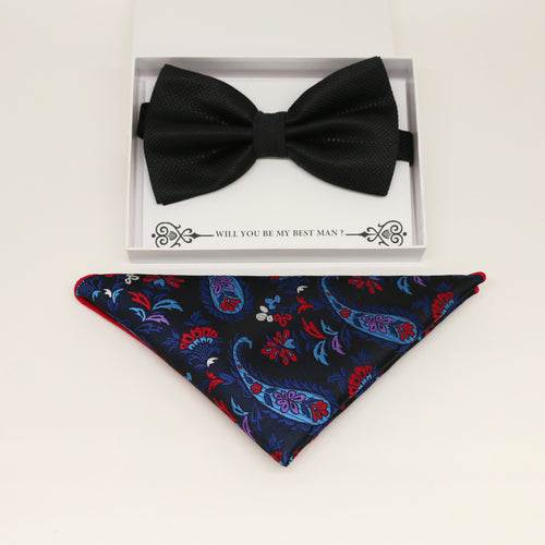 Black bow tie and paisley Pocket Square, Best man, Groomsman bow, Man of honor, ring bearer bow, birthday gift, Congrats grad, handkerchief