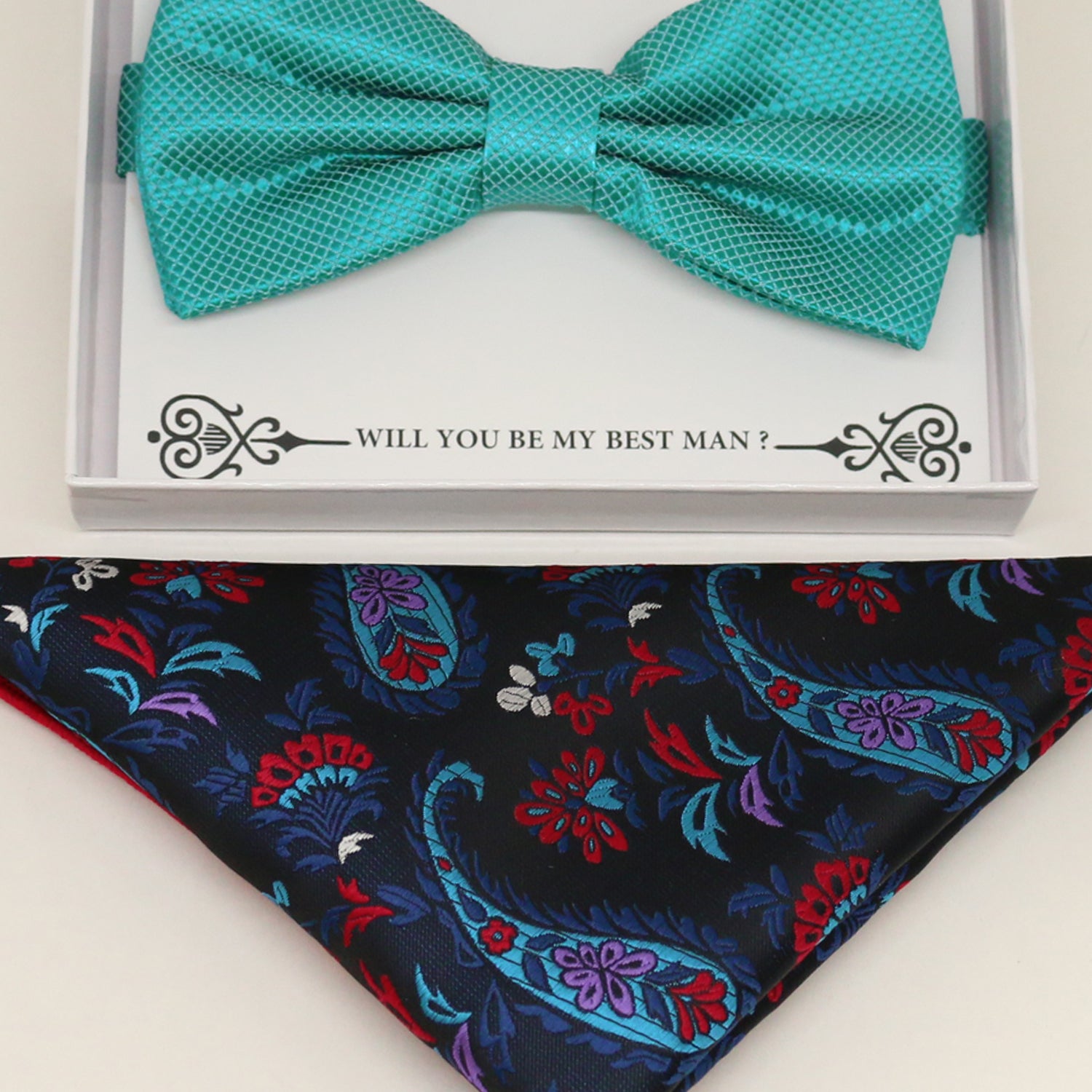 Teal blue bow tie & paisley Pocket Square, Best man Groomsman Man of honor ring breaer bow tie, birthday gift, Congrats grad, handkerchief