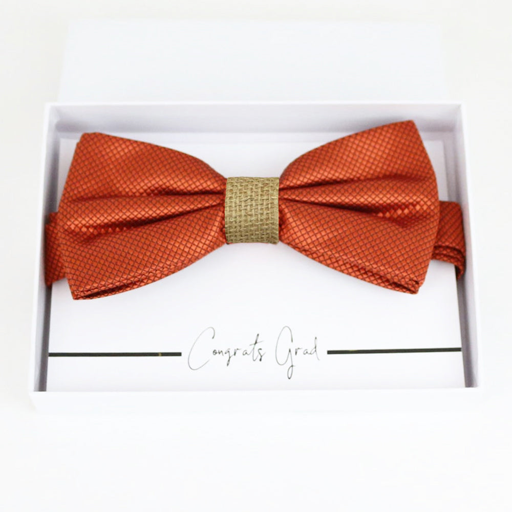 Rust copper burlap bow tie Best man Groomsman Man of honor Ring Bearer bow tie request gif Birthday congrats cards, Adjustable Pre tied