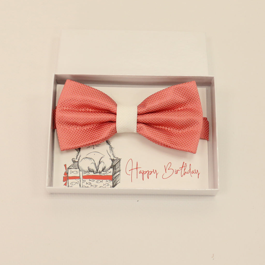 Coral and white handmade bow tie, Best man gift , Groomsman bow, Man of honor, ring bearer bow tie, handmade birthday gift, Congrats grad