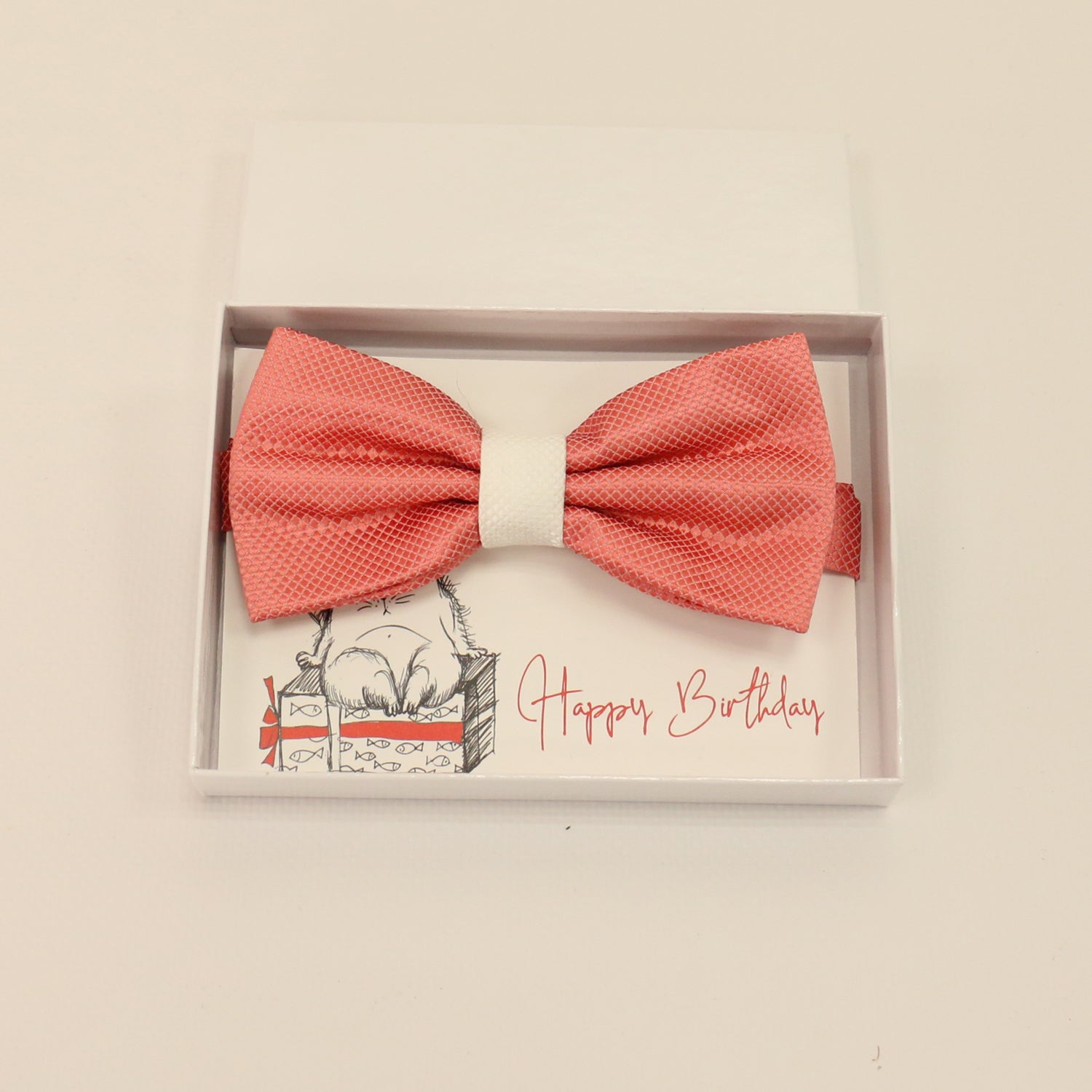 Coral and white handmade bow tie, Best man gift , Groomsman bow, Man of honor, ring bearer bow tie, handmade birthday gift, Congrats grad