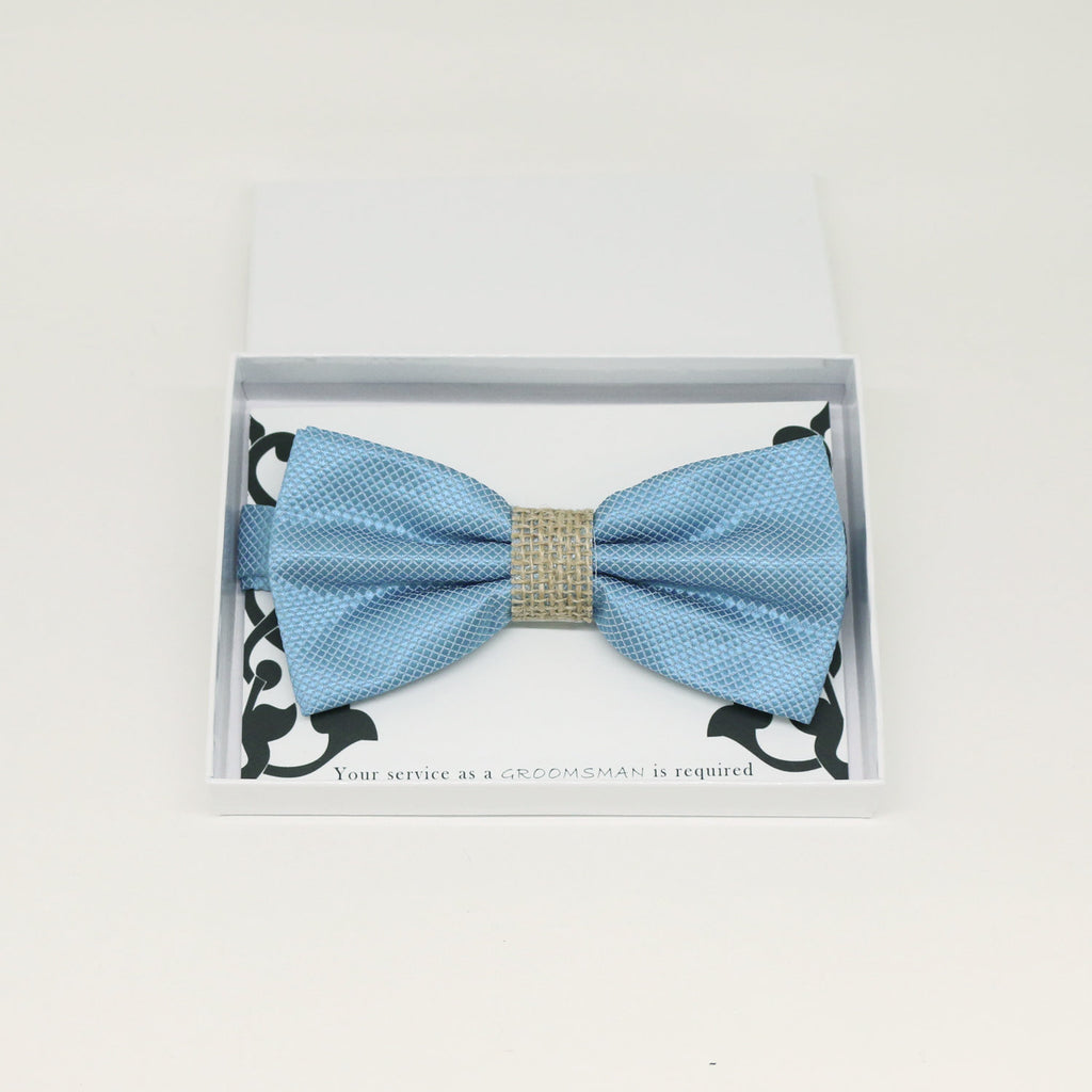 Dusty blue burlap bow tie, Best man gift , Groomsman bow, Man of honor, ring bearer bow, handmade birthday gift, Congrats, some thing blue