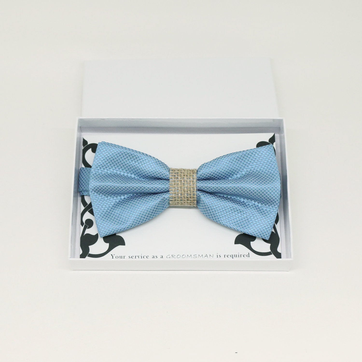 Dusty blue burlap bow tie, Best man gift , Groomsman bow, Man of honor, ring bearer bow, handmade birthday gift, Congrats, some thing blue
