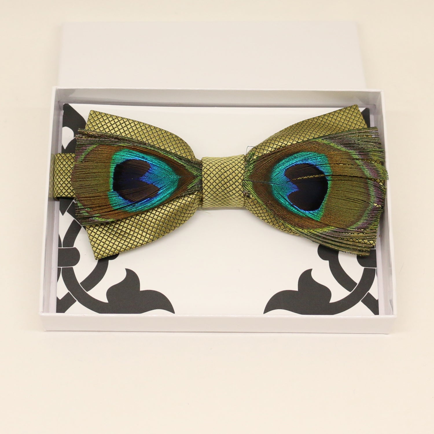 Olive green peacock feather bow tie, Groomsman, Best man request, man of honor bow tie, Congrats grads, Happy birthday, Han