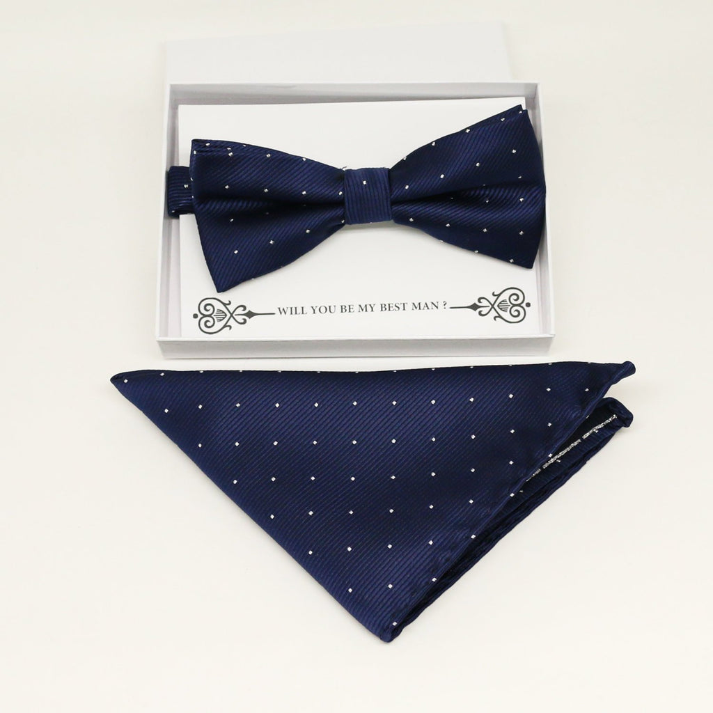 Navy bow tie & Pocket Square, Best man Groomsman Man of honor ring breaer bow, birthday gift, Congrats grad, handkerchief, Pocket Square