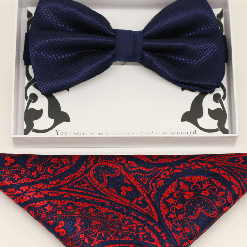 Navy bow tie & paisley Pocket Square, Best man Groomsman Man of honor ring breaer bow, birthday gift, Congrats grad, Navy Red handkerchief