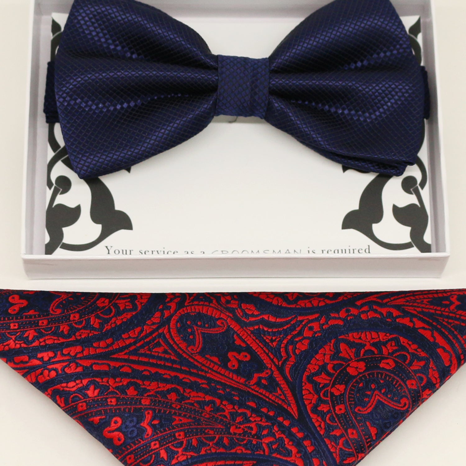 Navy bow tie & paisley Pocket Square, Best man Groomsman Man of honor ring breaer bow, birthday gift, Congrats grad, Navy Red handkerchief