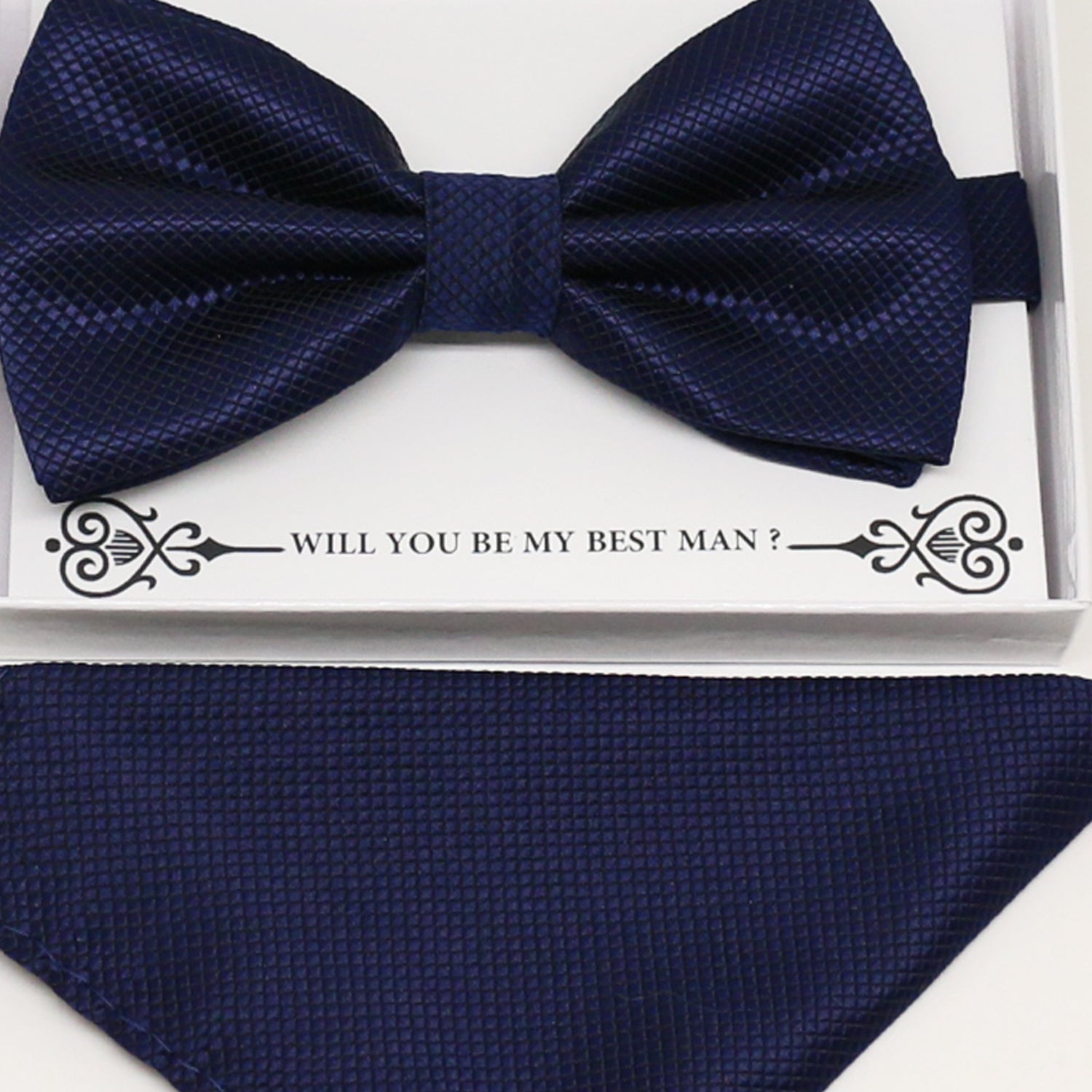 Navy bow tie & Navy Pocket Square, Best man Groomsman Man of honor ring breaer bow, birthday gift, Congrats grad,Navy kids bow, handkerchief
