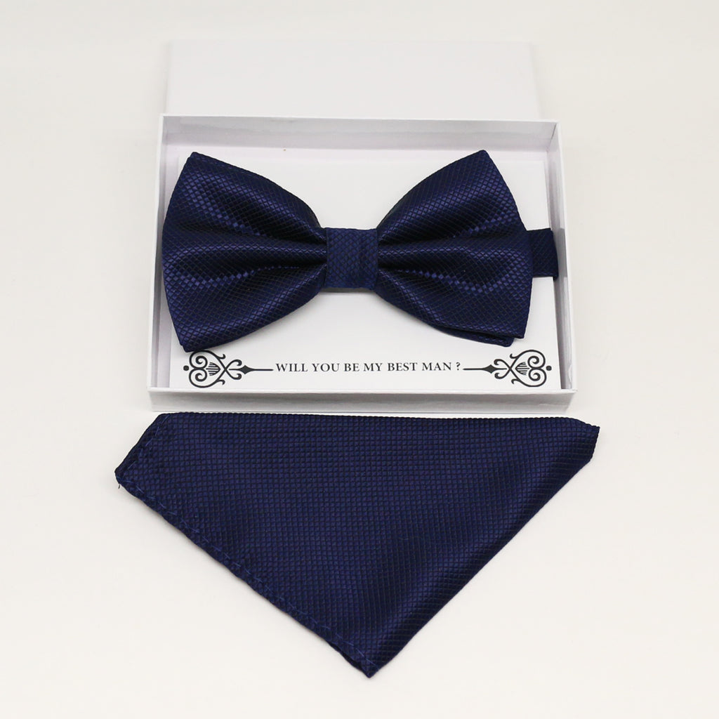 Navy bow tie & Navy Pocket Square, Best man Groomsman Man of honor ring breaer bow, birthday gift, Congrats grad,Navy kids bow, handkerchief
