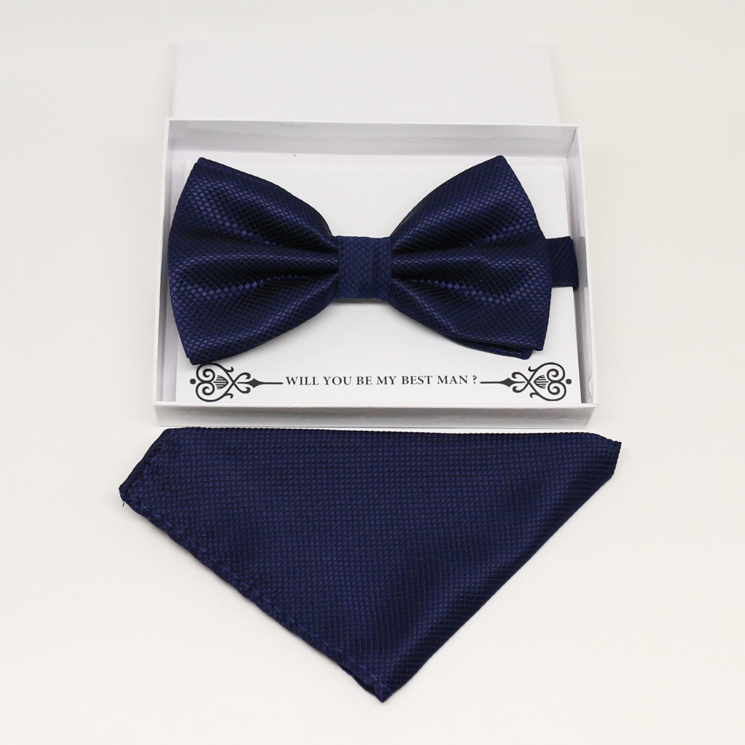 Navy bow tie & Navy Pocket Square, Best man Groomsman Man of honor ring breaer bow, birthday gift, Congrats grad,Navy kids bow, handkerchief