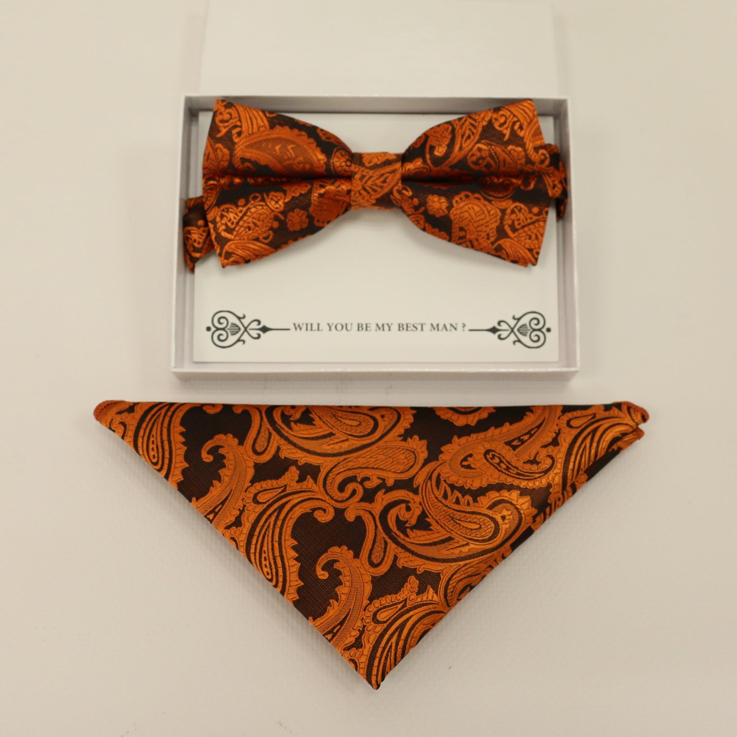 Copper paisley bow tie & Pocket Square, Best man Groomsman Man of honor ring breaer bow, birthday gift, Congrats grad, copper handkerchief
