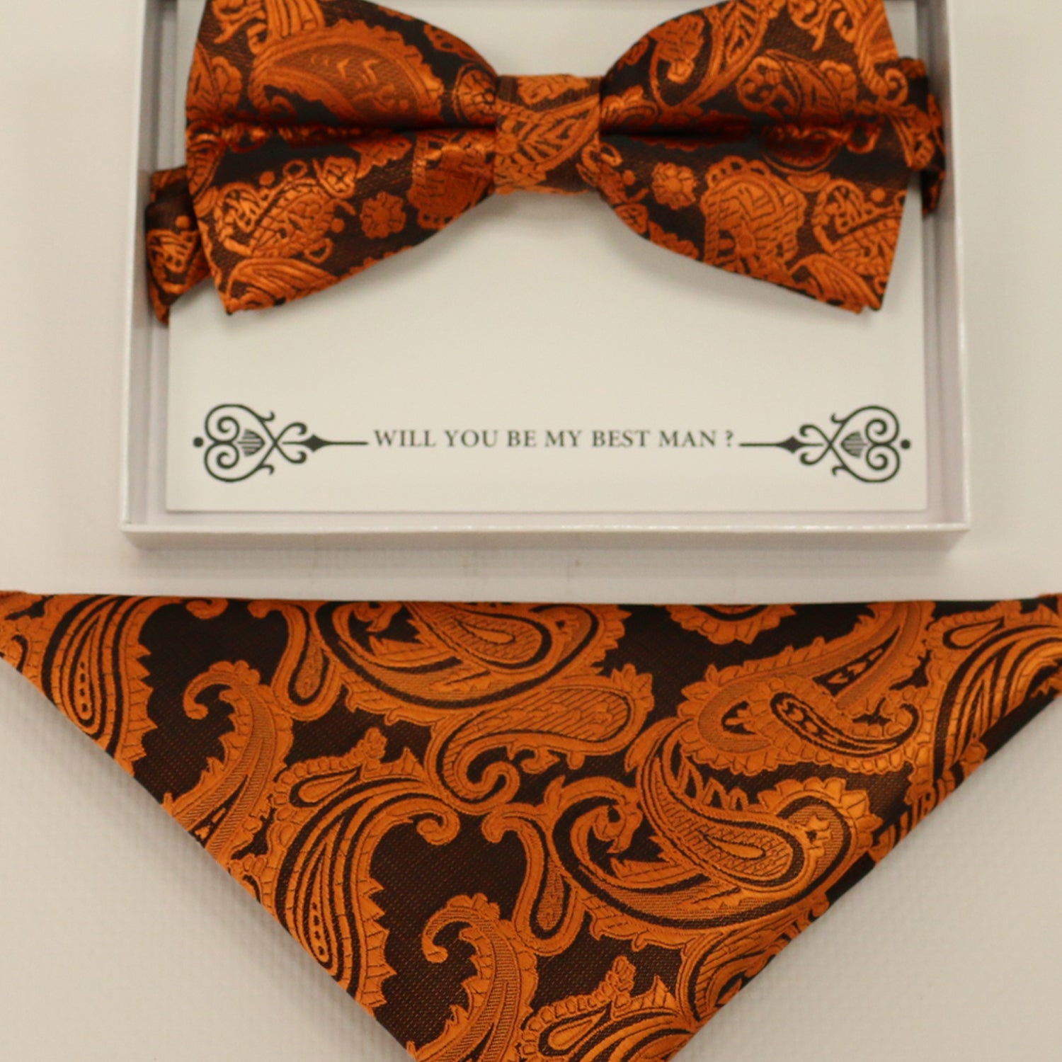 Copper paisley bow tie & Pocket Square, Best man Groomsman Man of honor ring breaer bow, birthday gift, Congrats grad, copper handkerchief
