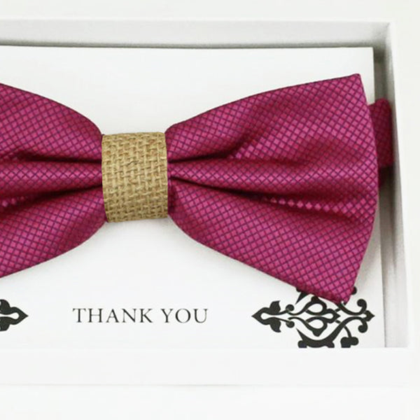 Raspberry rose burlap bow tie Best man Groomsman Man of honor ring bearer request gift, Kids adult bow, handmade Adjustable Pre tied 