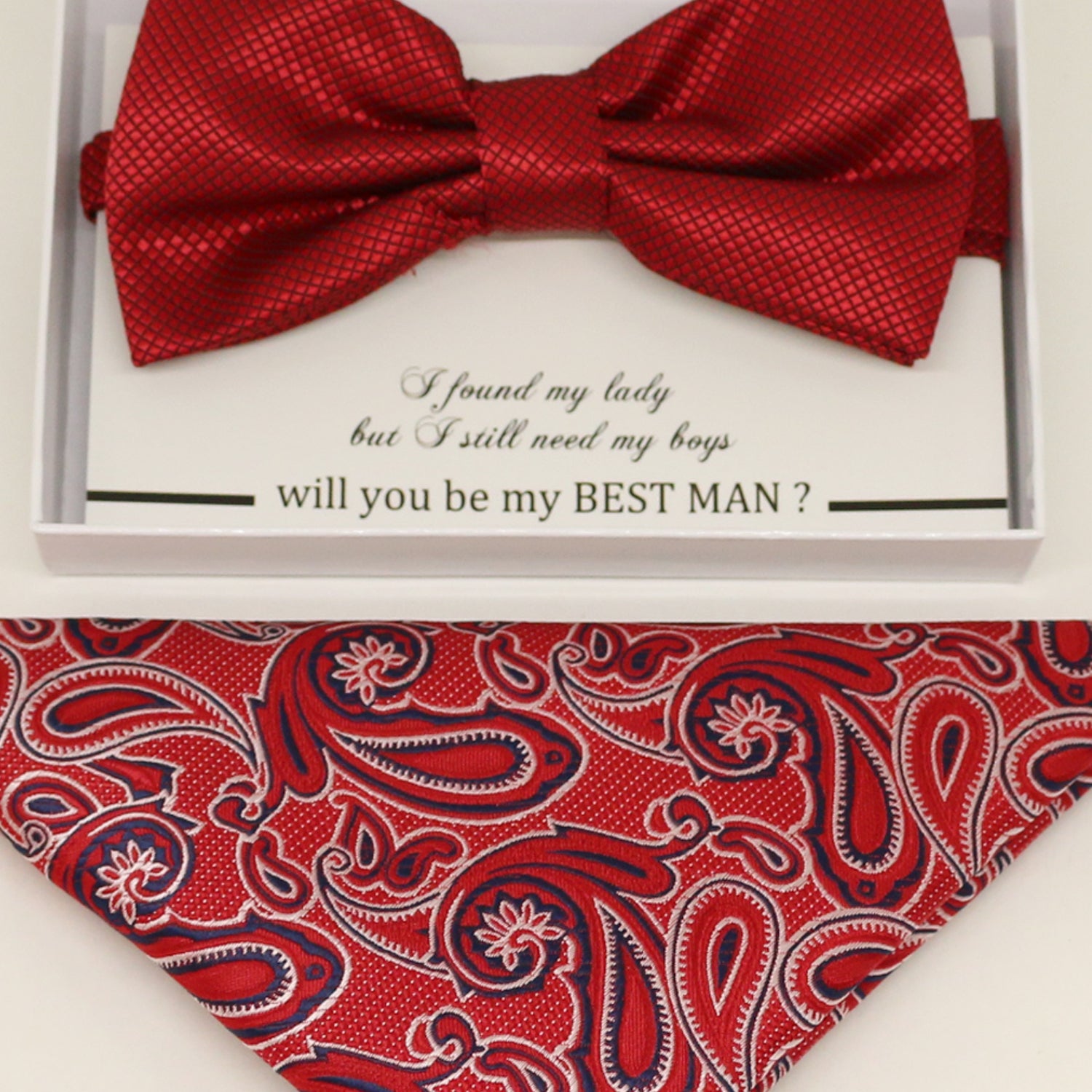 Red bow tie & paisley Pocket Square, Best man Groomsman Man of honor bow tie, birthday gift, Congrats grad, Paisley Red handkerchief