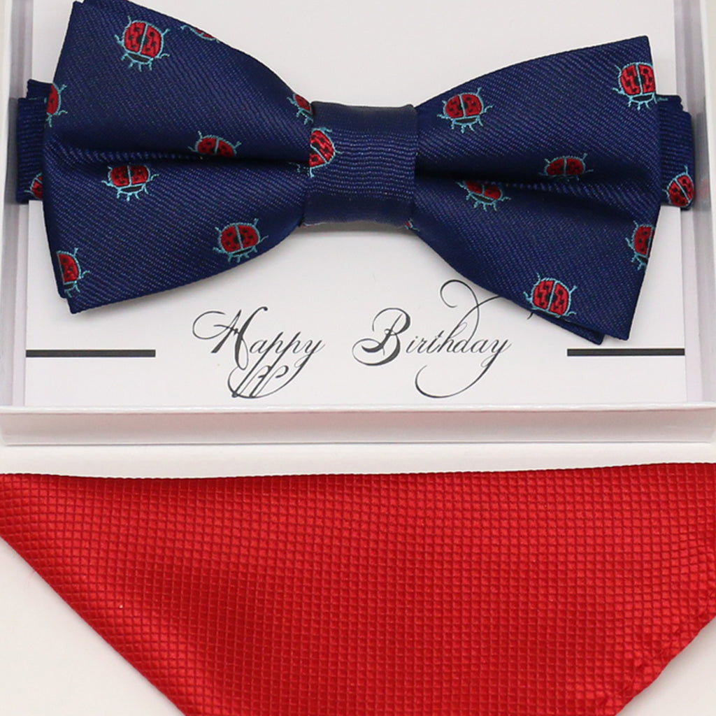 Navy bow tie & Red Pocket Square, Best man Groomsman Man of honor ring breaer bow, birthday gift, Ladybug bow tie, handkerchief, Lucky bow
