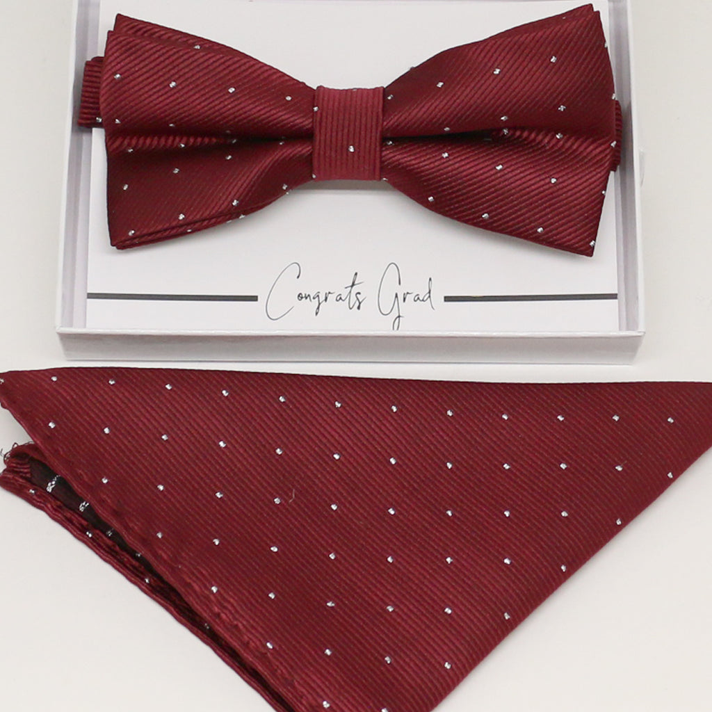 Burgundy bow tie & Pocket Square, Best man Groomsman Man of honor ring breaer bow, birthday gift, Congrats grad, Burgundy  handkerchief