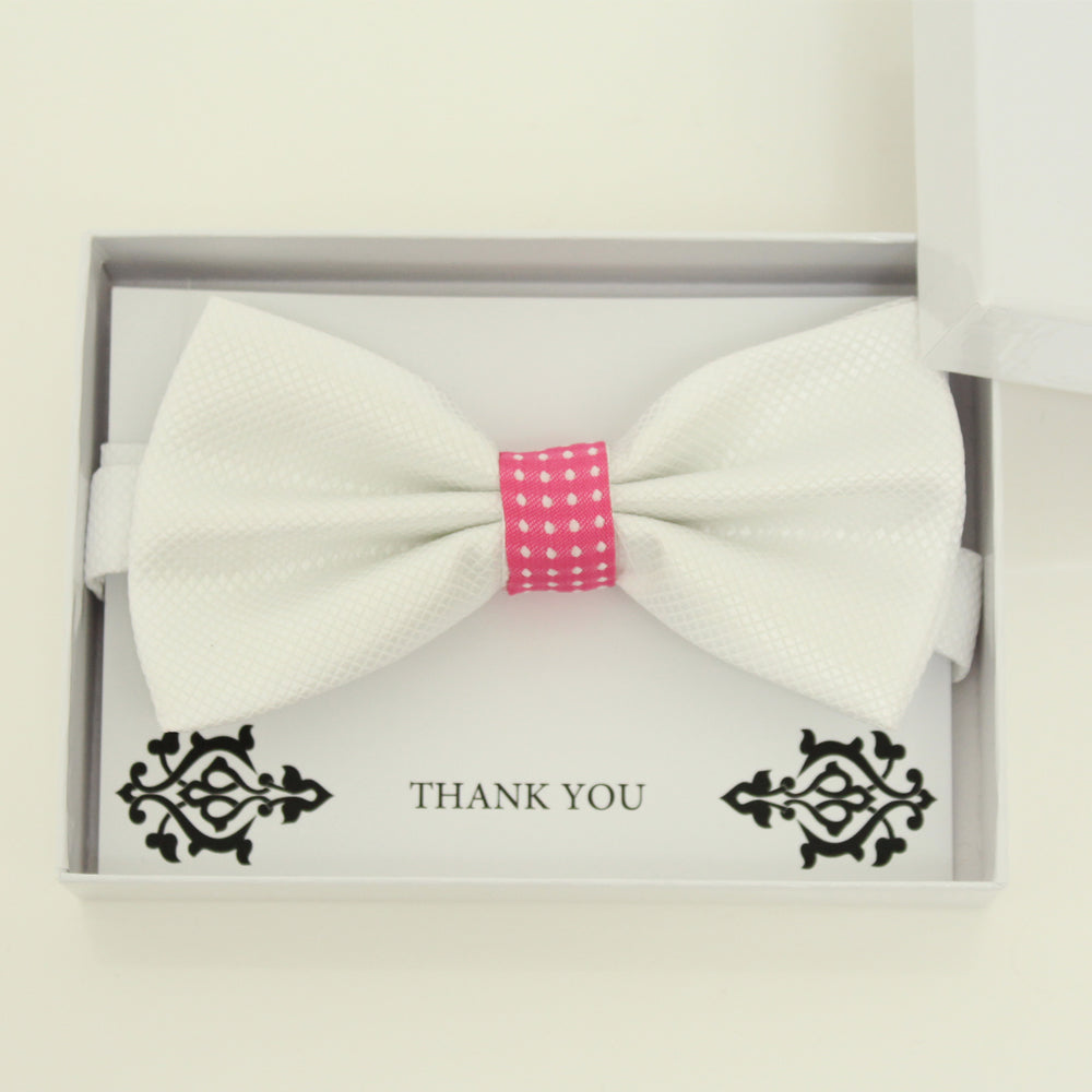 White bow tie, Best man request bow, Groomsman bow tie, Ring Bearer bow tie, Man of honor gift, Kids bow, White hot pink bow tie, handmade