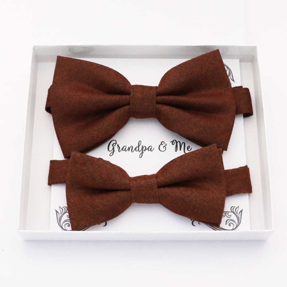 Brown Cinnamon daddy and me bow tie set in gift box — matching adult and kids handmade pre-tied bow ties