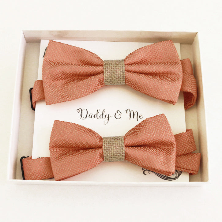 Copper and Burlap daddy and me bow tie set in gift box — matching adult and kids handmade pre-tied bow ties
