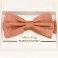 Raspberry rose burlap bow tie Best man Groomsman Man of honor ring bearer request gift, Kids adult bow, handmade Adjustable Pre tied 