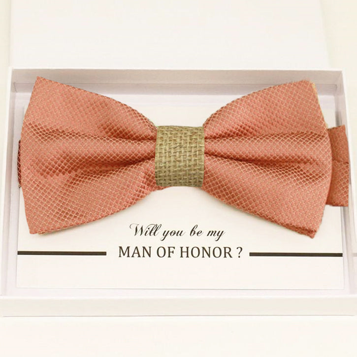 Copper bow tie Best man Groomsman Man of honor Ring Bearer bow request gift Adjustable Pre tied Birthday congrats cards handmade Burlap bow 