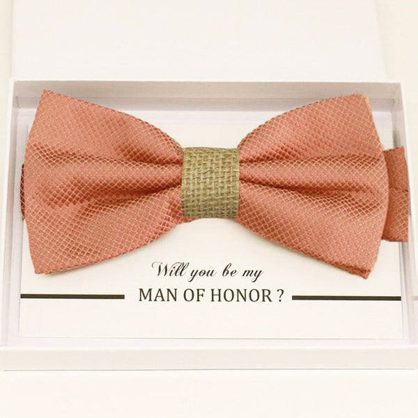 Copper bow tie Best man Groomsman Man of honor Ring Bearer bow request gift Adjustable Pre tied Birthday congrats cards handmade Burlap bow 
