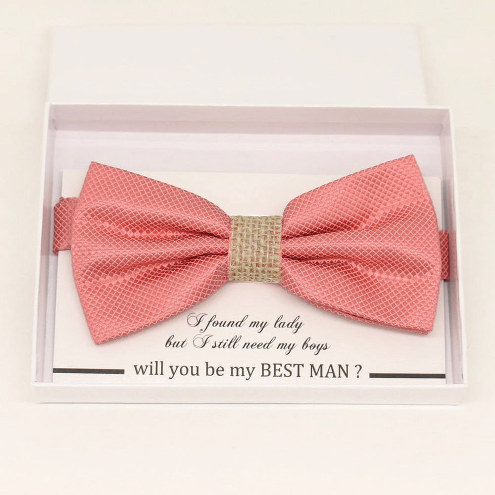 Coral burlap bow tie Best man Groomsman Man of honor ring bearer request gift, Kids adult bow tie, Adjustable Pre tied High quality