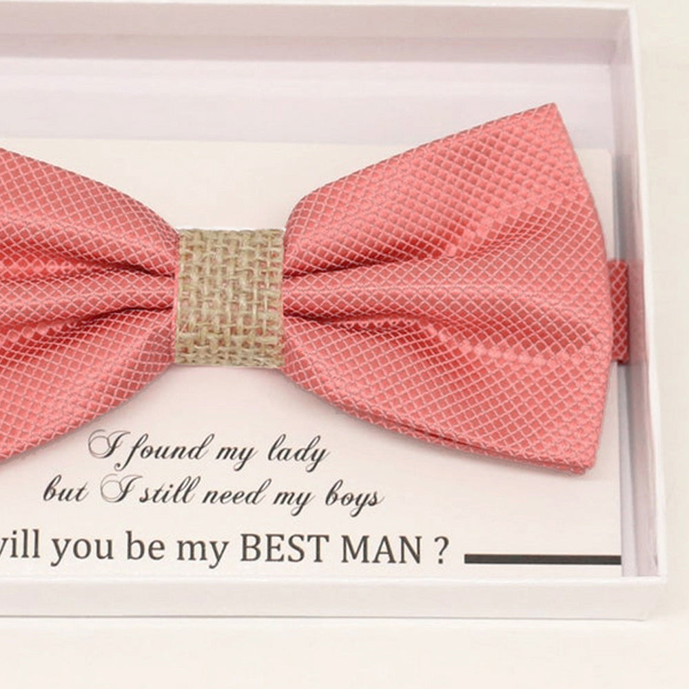 Coral burlap bow tie Best man Groomsman Man of honor ring bearer request gift, Kids adult bow tie, Adjustable Pre tied High quality