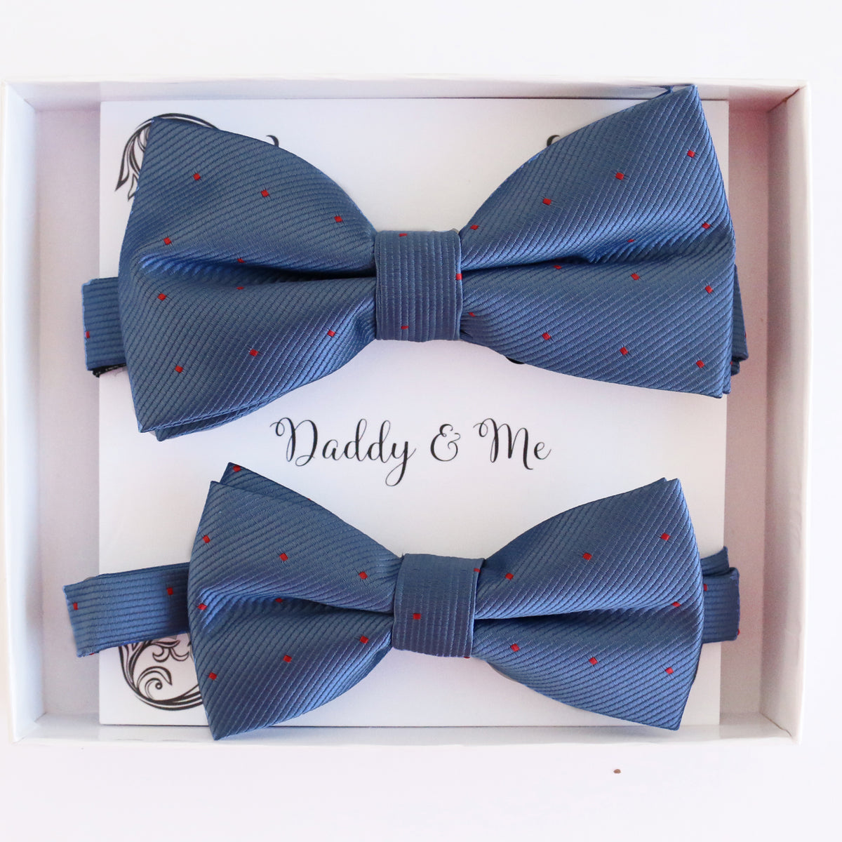 Country Blue and Red daddy and me bow tie set in gift box — matching adult and kids handmade pre-tied bow ties