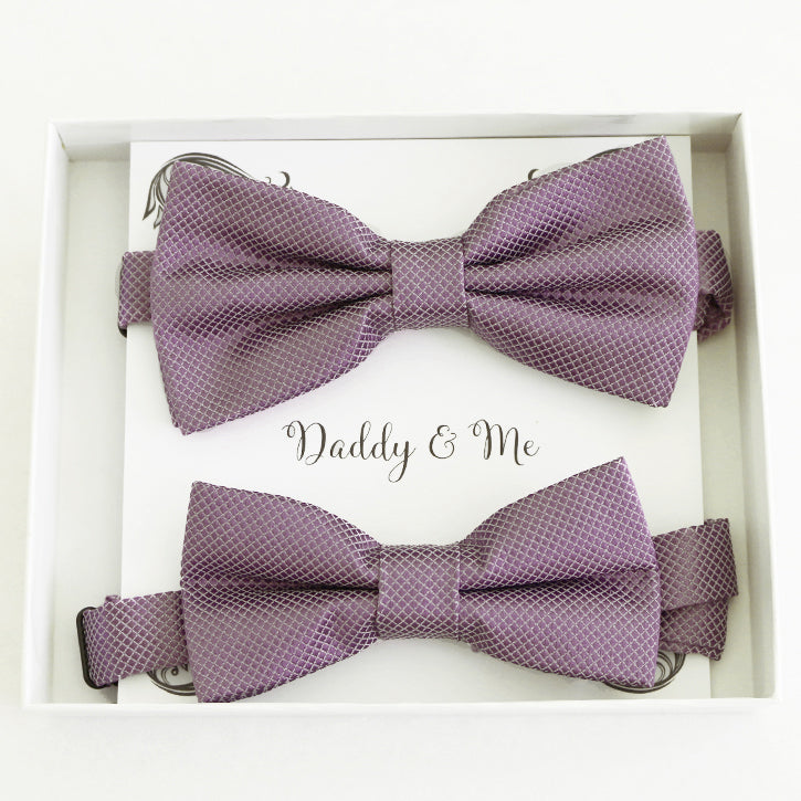 Dusty Purple daddy and me bow tie set in gift box — matching adult and kids handmade pre-tied bow ties