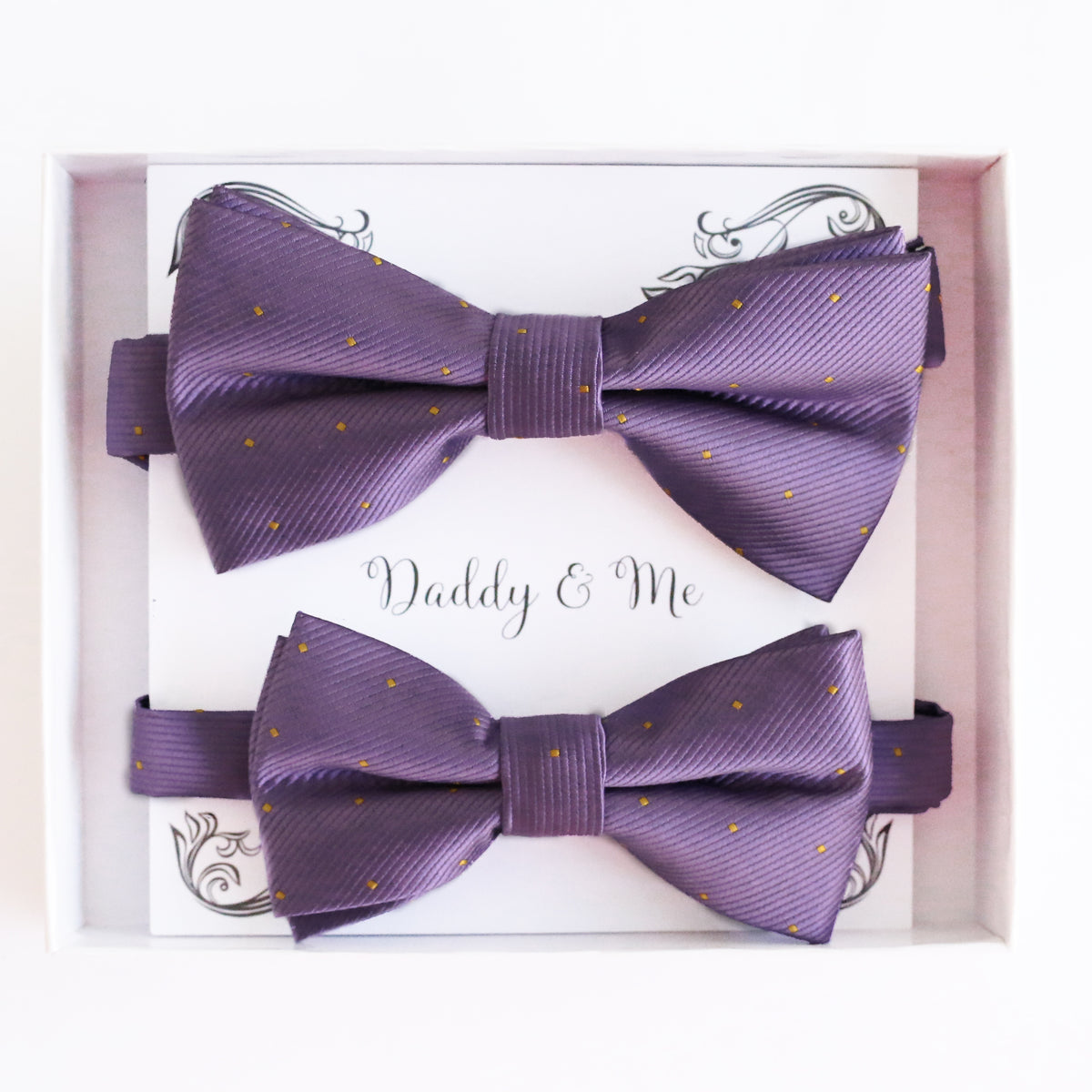English Lavender and Marigold Polka Dots daddy and me bow tie set in gift box — matching adult and kids handmade pre-tied bow ties