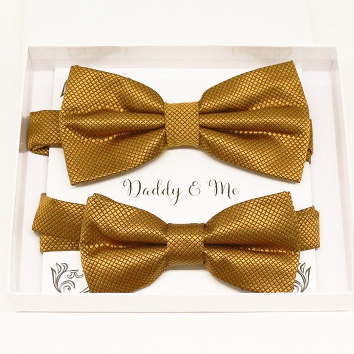 Gold daddy and me bow tie set in gift box — matching adult and kids handmade pre-tied bow ties