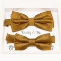 Gold daddy and me bow tie set in gift box — matching adult and kids handmade pre-tied bow ties