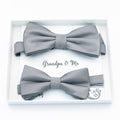 Gray daddy and me bow tie set in gift box — matching adult and kids handmade pre-tied bow ties