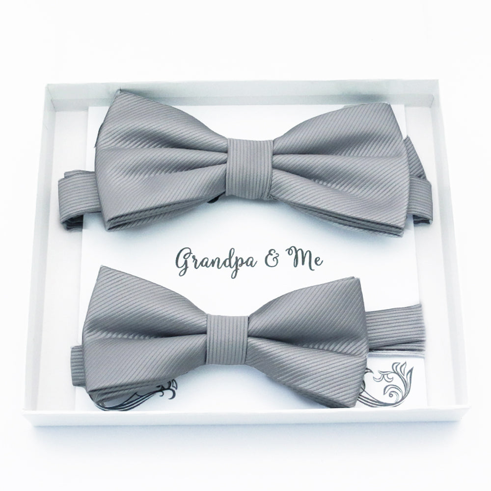 Gray daddy and me bow tie set in gift box — matching adult and kids handmade pre-tied bow ties