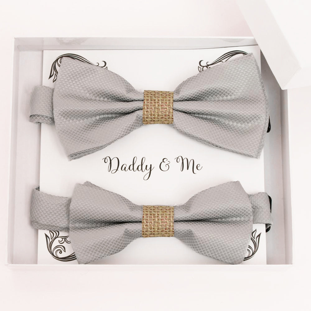 Gray and Burlap daddy and me bow tie set in gift box — matching adult and kids handmade pre-tied bow ties