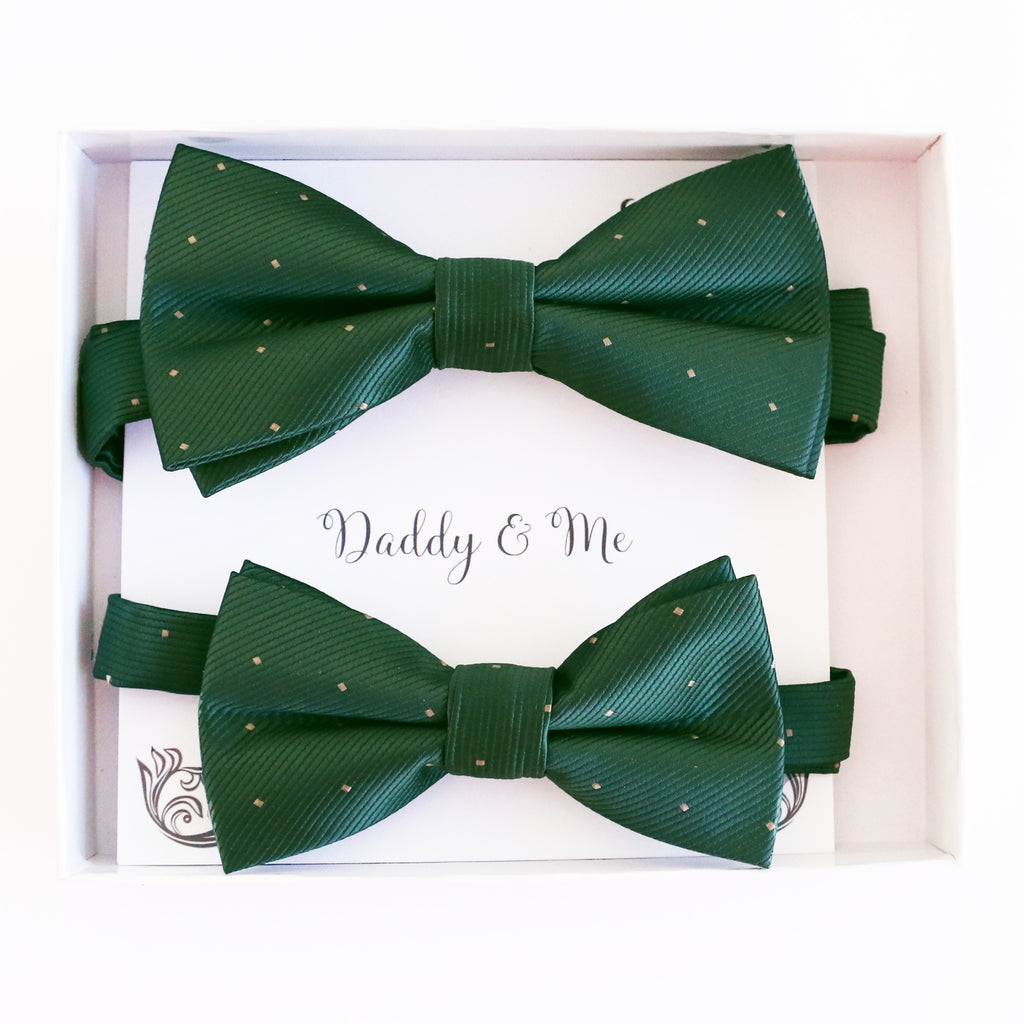 Green Polka Dots daddy and me bow tie set in gift box — matching adult and kids handmade pre-tied bow ties