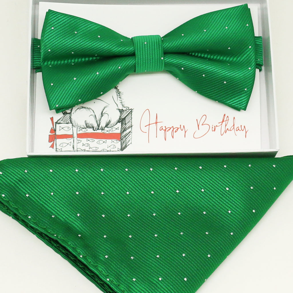 Green bow tie & Pocket Square, Best man Groomsman Man of honor ring breaer bow, birthday gift, Congrats grad, handkerchief, Pocket Square