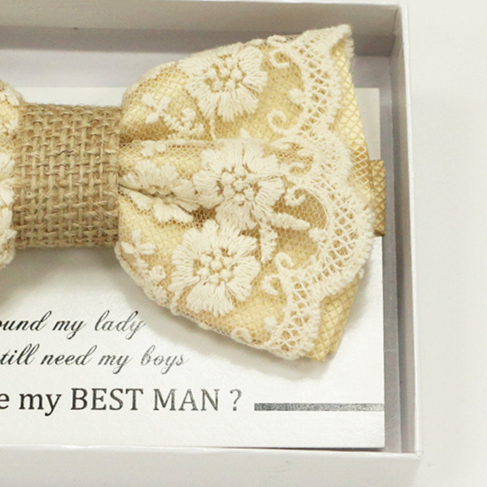 Ivory Lace Burlap bow tie, Best man request gift, Groomsman bow tie, Man of honor gift, Best man bowtie, best man gift, man of honor request