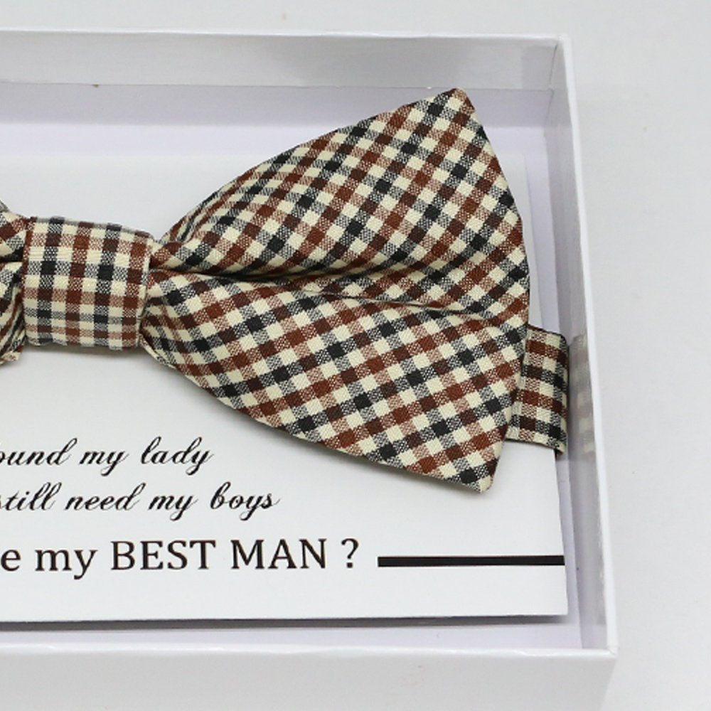 Brown Ivory gingham bow tie, Best man request gift, Groomsman bow tie, Man of honor gift, Best man bow tie, best man gift, man of honor request, thank you