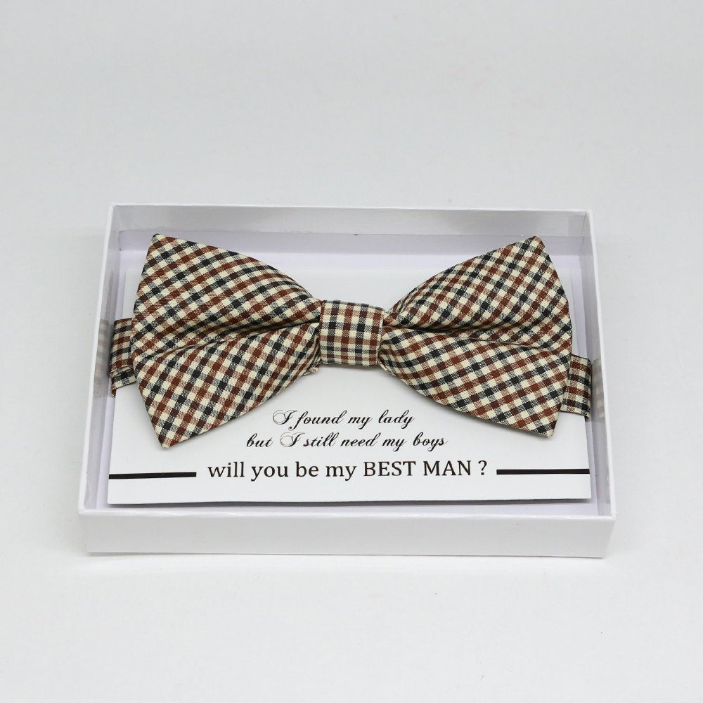 Brown Ivory gingham bow tie, Best man request gift, Groomsman bow tie, Man of honor gift, Best man bow tie, best man gift, man of honor request, thank you